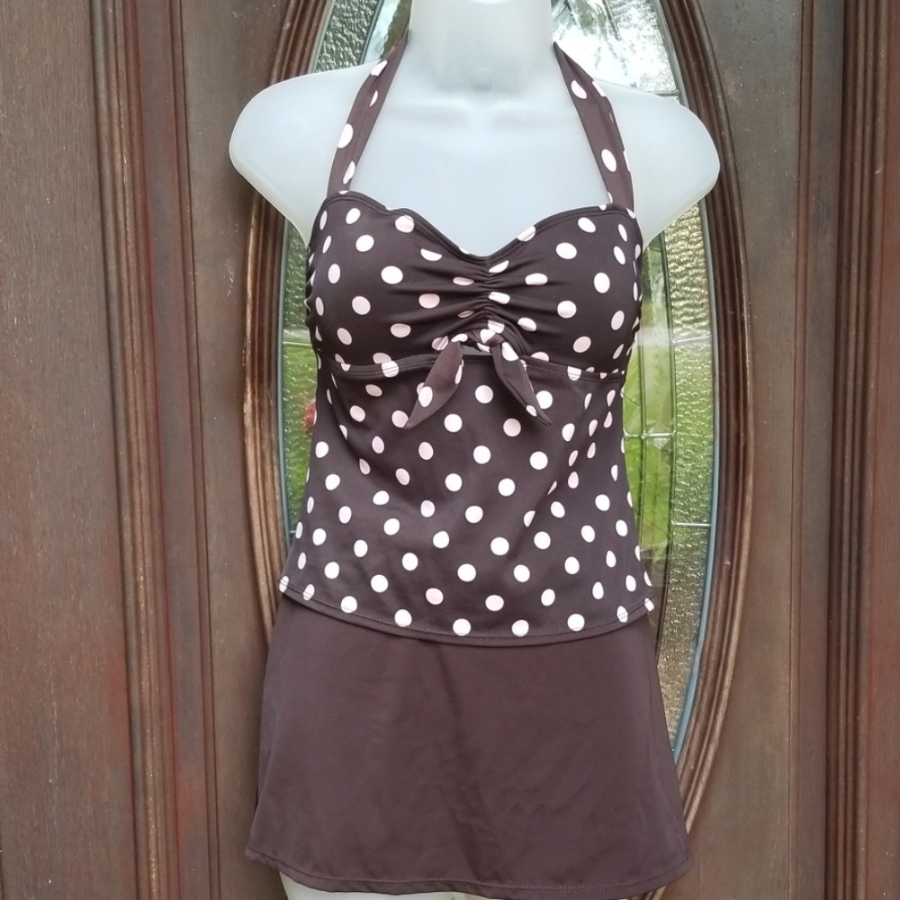 Brown and Pink Polka Dot Skirted Tankini S-12
